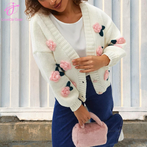 Loveda - Cárdigan de <span class=keywords><strong>Punto</strong></span> Informal para <span class=keywords><strong>Mujer</strong></span>, Cárdigan Corto Holgado con Flores 3D - Product Image 6