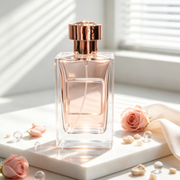 Botella de Perfume Cuadrada de Vidrio al por Mayor de 100 ml, Cuerpo de Vidrio Transparente, Bomba Pulverizadora de Aluminio Dorado Rosa