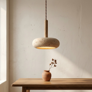 Lampada in Travertino <span class=keywords><strong>Giallo</strong></span> Stile Giapponese, <span class=keywords><strong>Lampadario</strong></span> Decorativo Retrò Wabi-Sabi per Sala da Pranzo e Comodino - Product Image 1