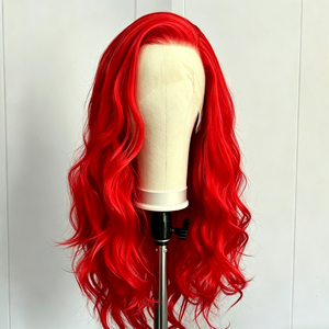 Peluca de Fibra Resistente al Calor con Ondas Sueltas <span class=keywords><strong>Rojo</strong></span> Brillante, Encaje Frontal 13x4 Transparente, para Mujer - Product Image 1