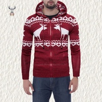 Nanteng Maßgefertigter 100% Baumwoll-Strickpullover mit Elchmuster, Reißverschluss-Kapuze und Kordelzug, Hässlicher Herren-Cardigan, Weihnachtspullover