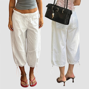 Street Style Casual Solid Color Drawstring Cargo Pants Shirred <b>Elastic</b> Waist Versatile Mid Length Shorts - Product Image 1