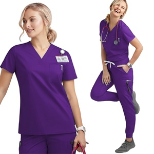 Women's Scrub Set Short Sleeve V-<b>Neck</b> Pink Moisture Wicking Hospital Uniforms Split Set Size S XXL Knitted Fabric - Product Image 3