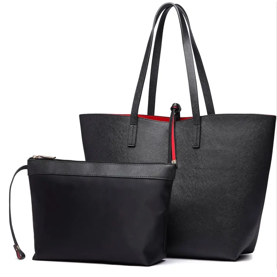 Women Reversible Tote Bag Saffiano PU Shoulder Handbag Large Shopper Set (Black with Red)