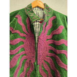 Green <b>Velvet</b> <b>Women's</b> Zip <b>Jacket</b> With Stand Collar And Purple Embroidered Sun Pattern - Product Image 2