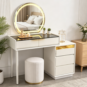 Ensemble coiffeuse extensible avec plateau en verre noir, miroir LED rond, tiroir de rangement divisé, base dorée cannelée et tabouret – Bureau de maquillage pour chambre - Product Image 4