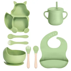 Wholesale Kids Silicone Feeding Set Food Grade Cartoon Style Baby Tableware Suction Lid Including Forks Spoons Bowls