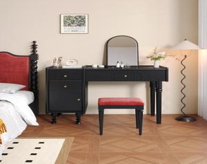 Premium Detachable Black Makeup <b>Vanity</b> Desk Set With Arched <b>Mirror</b> & Red Velvet Stool For Bedroom - Product Image 4