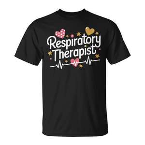 Camiseta de terapeuta respiratoria, color negro, unisex, para adultos, cuello redondo, manga corta, diseño de latido del corazón - Product Image 1