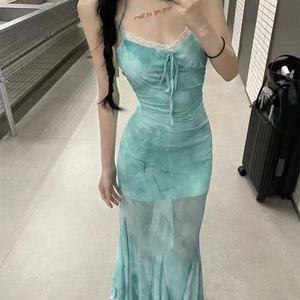 Tie Dye Mesh Patchwork Spaghetti Strap Maxi Dress Green Slim Fit Fishtail Cocktail Dress - Product Image 1