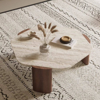 Table basse en travertin de style nordique, table centrale de luxe en bois de frêne avec plateau en pierre Wabi Sabi pour salon