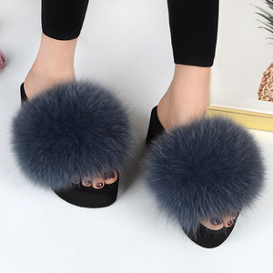 Real Fox Fur Slippers Woman Summer Open Toe Wedge Heels <b>Slides</b> Sandals Ladies Cute Plush Fluffy Shoes Women's Furry Slippers - Product Image 3