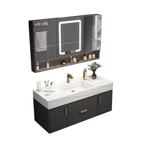 Özel yapılmış boyut banyo yıkama mobilya modern mermer lavabo lüks banyo vanity ile LED ışık