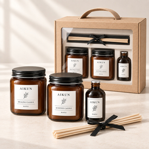 Coffret Cadeau Aikun en Verre Ambré pour Bougies Parfumées, Arôme Boisé, avec Diffuseur à Bâtonnets et Huile Parfumée pour la Maison, Idéal pour un Déménagement - Product Image 3