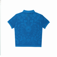 Vente en gros polo bleu à manches courtes boutonné personnalisé Pull tricoté unisexe en maille jacquard en coton acrylique pour femme