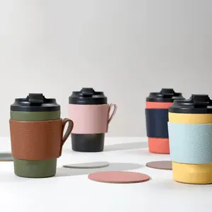 Vegan Leather Coffee Cup Sleeve Double-side PVC Leather Mug Cup Cover Custom Logo Cup Holder With Handle