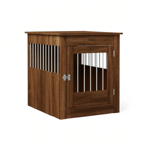 Brown Oak Engineered Wood <b>Dog</b> <b>Crate</b> <b>Medium</b> Size Steel Locks Indoor Pet House Furniture - Product Image 1