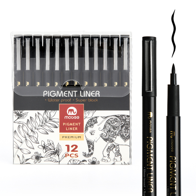 MOBEE P-621A 12pcs/set Fine Tip Pen Different Tip Size Fine Point Marker Art Artist Black Drawing Sketch Fineliner Pen
