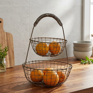 Panier de rangement métallique à double niveau, panier à fruits rustique en fil de fer pour cuisine, support rond en fer, support alimentaire durable - Product Image 4
