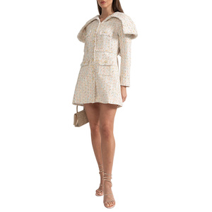 Su misura di alta qualità distintivo grande spalla lembi una linea Blazer bottone a maniche lunghe testurizzato donna Tweed Mini abito - Product Image 1