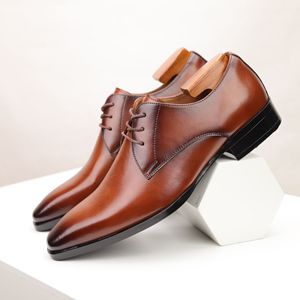 Zapatos Oxford de vestir con punta en pico de cuero genuino marrón, con cordones, punta lisa, suela de goma, para todas las estaciones, envío directo. - Product Image 5