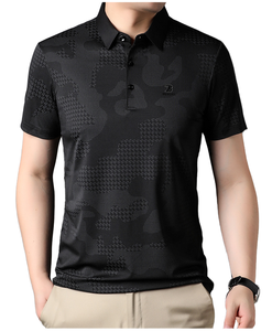 Polo à manches courtes noir pour homme, coupe classique, motif à pois tricoté, style décontracté, respirant, logo sur le devant - Product Image 1