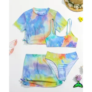 Ms-255 cô gái trẻ đồ bơi 14 năm 13 Bikini beachwear Set 4 pcs TIE DYE mùa hè bãi biển đồ bơi trẻ em Đồ bơi cho gir