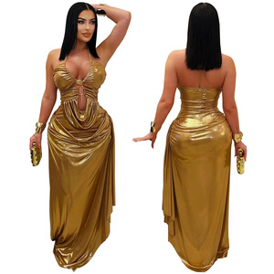 XYZC7491 Vestido de <span class=keywords><strong>fiesta</strong></span> sexy con cuello Halter para mujer Vestido de <span class=keywords><strong>fiesta</strong></span> hasta el suelo con tela teñida lisa - Product Image 5