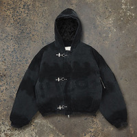 Veste bomber en jean vintage délavé à l'acide avec boucle de pompier et crochets de fixation, matelassée et rembourrée, pour homme, hiver, à capuche