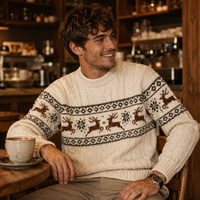 Pull unisexe en tricot torsadé rétro de Noël, motif Fair Isle, rennes et flocons de neige, col rond, vêtements d'hiver pour les fêtes, logo personnalisé OEM