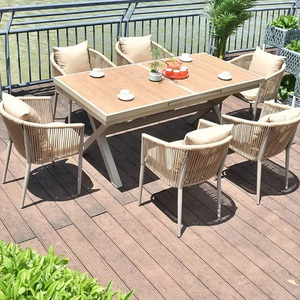 Modern Outdoor Balcony Cafe Aluminum Alloy Wood Plastic Rope Braided Waterproof <strong>and</strong> Sunproof Outdoor Stretch <strong>Table</strong> <strong>and</strong> <strong>Chair</strong> <strong>Set</strong> - Product Image 1