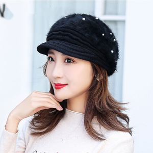 Winter Rabbit Fur Beret Women Pearl Decorated Fleece Lined <b>Warm</b> <b>Hat</b> For Winter - Product Image 1