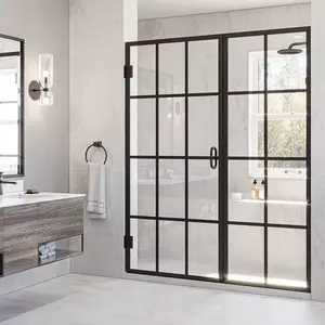 Puerta de ducha con patrón dividido francés, puerta de cristal de ducha con patrón negro para baño, puerta de ducha de rejilla negra con cierre suave