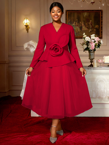 AM050917 Elegante Abito da Sera con Scollo <span class=keywords><strong>a</strong></span> V, <span class=keywords><strong>Maniche</strong></span> <span class=keywords><strong>Lunghe</strong></span> in Rete, Linea ad <span class=keywords><strong>A</strong></span> e Grande Fiore, Lunghezza Midi - Product Image 2