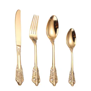 พิสดารรอยัล24หรูหราชุดช้อนส้อมสแตนเลส18/10ชุด Flatware วินเทจแต่งงานทองช้อนส้อม