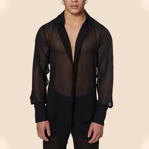 Men's Summer Long Sleeve Shirts Custom See Through Mesh Sheer Sexy Shirt