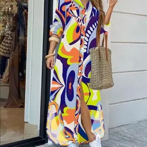 Fashion Breathable Digital Printing All Over Print Dress Loose Waist Long Dresses Women Elegant Split Cotton Printed Long Dress