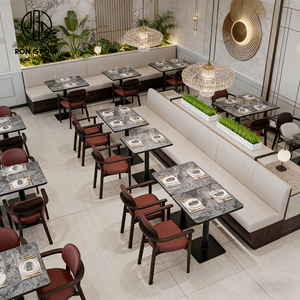 Asientos de Banco de Cuero PU Beige Personalizados y Contemporáneos para Restaurante, con Mesa de Piedra y Silla de Madera para Cafetería, Tienda de Café y Té - Product Image 4