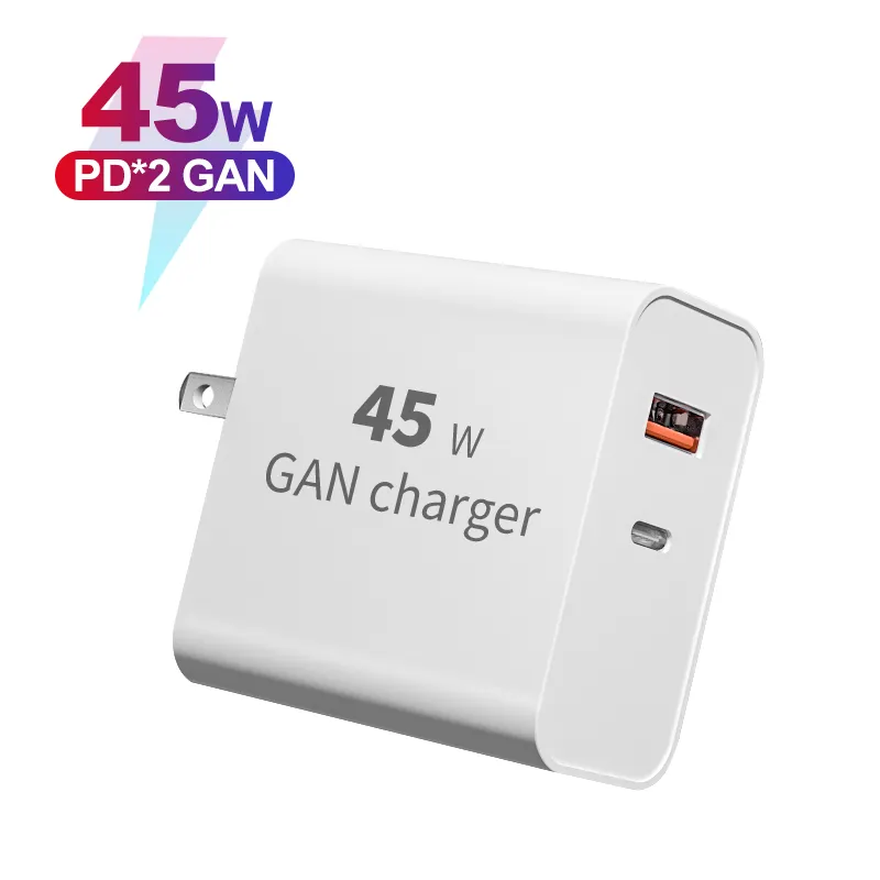 Produits les plus vendus adaptateur secteur 2023 GaN prise US double Ports 45W GaN chargeur mural USB C pour téléphones mobiles