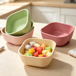 Silicone Square Bowl Set Solid Color Minimalist Design Suction Base for Baby Feeding Kids Dining - Product Image 1