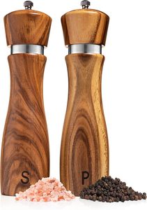 8 Inch Acacia Wood Salt and <b>Pepper</b> Mill Set with Ceramic Core and Rotary Knob - Product Image 1