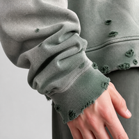 Sweat à capuche vintage déchiré et vieilli pour homme, coupe oversize, 360 GSM, vert olive, délavé à l'acide, style streetwear, bords bruts