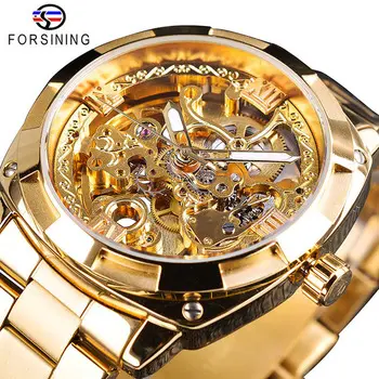 Forsining Watch Fashion Retro Men's Automatic Mechanical Watch Top Brand Luxury Full Golden Design Luminous Hands Skeleton Clock