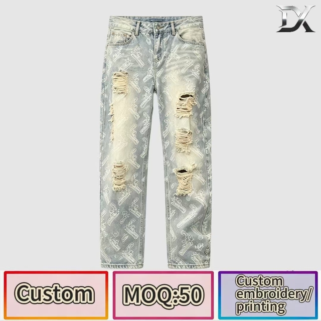 High Quality Men's Jeans Pants Custom Logo Wholesale Distressed Printed Ripped Street Fashion Casual Style