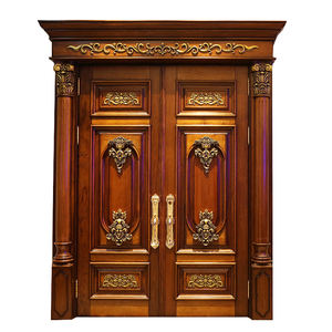 Fournisseur Chinois Porte d'Entrée en Bois Massif en Teck Sculpté Conception de Double Porte Principale pour Maison - Product Image 1