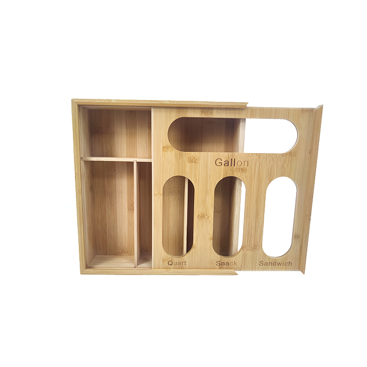 Kitchen Drawer Baggie Holder Organizer , Food Storage Bag Dispenser Bamboo Ziplock Bag Storage Organizer with Lid