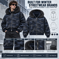 Sweat à capuche zippé unisexe surdimensionné et épais, motif camouflage marine, avec fermeture éclair bidirectionnelle et bordure en fourrure, style streetwear, fournisseur en gros pour marques