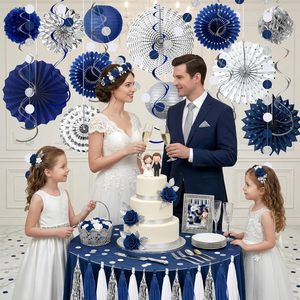 Décorations de fête bleues et argentées, ensemble de lanternes en papier suspendues, éventails, pompons, guirlandes bleues, décorations d'<span class=keywords><strong>anniversaire</strong></span> pour hommes et garçons - Product Image 2