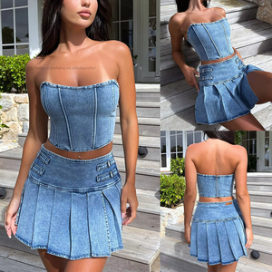 New Summer Strapless Denim Solid Skinny Fit Sleeveless <b>Sexy</b> High-Waisted Slit Skirt Women's 2 Piece <b>Set</b> Eco-Friendly Breathable - Product Image 2