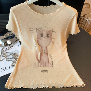 เสื้อถักลายลูกแมวแต่งระบาย แบรนด์ Dalang Factory แขนสั้น คอกลม ทรงเข้ารูป ผ้าเนื้อนุ่ม สไตล์ฤดูร้อนสำหรับผู้หญิง - Product Image 2